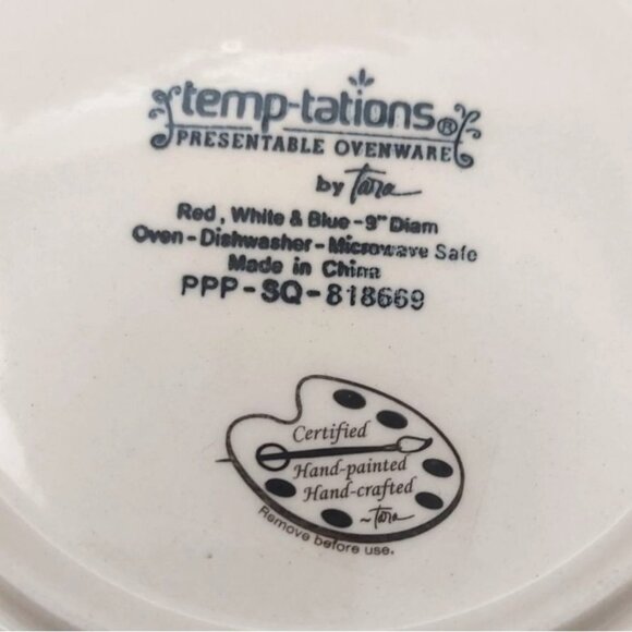 Temp-Tations By Tara Stars & Stripes 9" Pie Plate Dish Red White & Blue Ovenware - Picture 4 of 5
